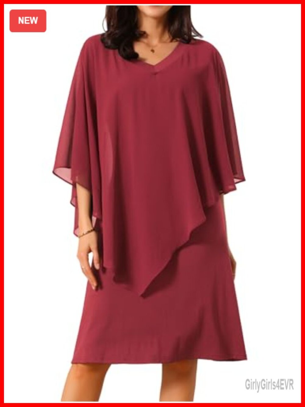 Chiffon Cape Overlay V-Neck 3/4 Sleeve Knee Length Pencil Dress Wedding Guest
